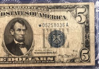 1934 - A US 5 Five Dollar Bill Silver Certificate Blue Seal Collector Star Note 3