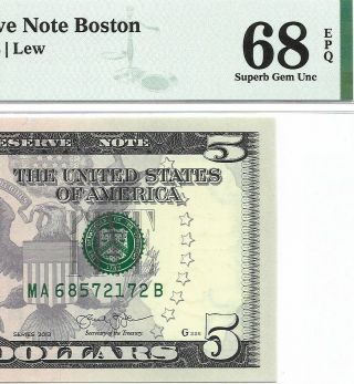 2013 $5 Boston Frn,  Pmg Gem Uncirculated 68 Epq Banknote