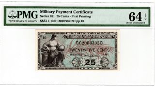 Series 481 25 Cents Mpc Military Payment Certificate Pmg Choice Unc 64 Epq