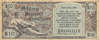 Usa / Mpc $10 Nd.  1951 M 28 Series 481 Position 22 Circulated Banknote