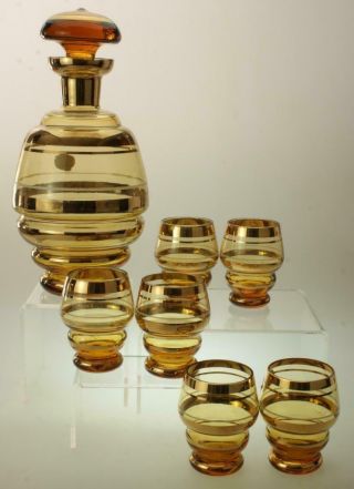 Bohemia Crystal Carafe Amber And Gold With 6 Glasses Made In Czechoslovakia Gg41