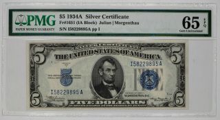 1934 A $5 Silver Certificate Fr.  1651 Ia Block Pmg Certified Gem Unc 65 Epq (895a)