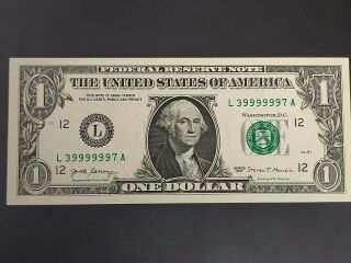 S L39999997a Repeater Lucky 9 Note,  1 Dollar Bill With Six Nines A,  Item