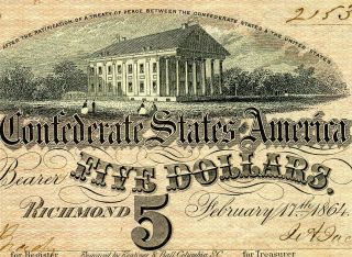 Hgr Sunday 1864 $5 Confederate ( (civil War Issue))  Appears Au - Uncirculated