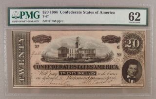 1864 T - 67 $20 Confederate Note Pmg Uncirculated 62
