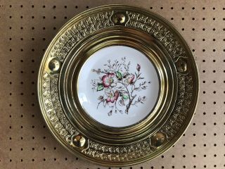 VINTAGE ALFRED MEAKIN Floral Plate with Brass/Tin Trim - Wall hanging - EUC 14 Inch. 2