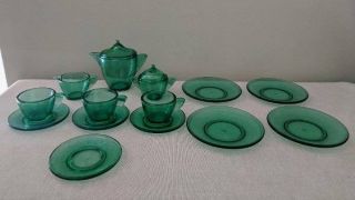 Vintage Akro Agat Green Depression Glass Stippled Trim Childs Play Tea Set 15 Pc
