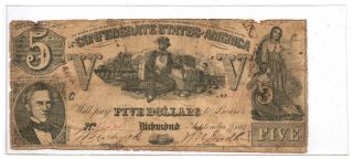1861 $5 Csa Confederate States Of America Note T - 37 Pf - 1 Cr - 284 C