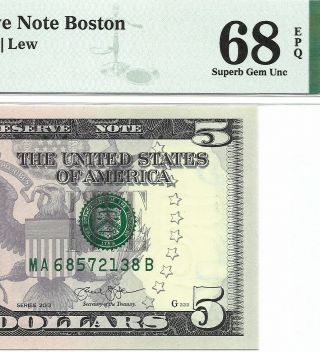 2013 $5 Boston Frn,  Pmg Gem Uncirculated 68 Epq Banknote,  2nd Of 2