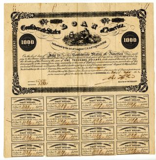1862 $1000 Confederate Bond.  Number Issued 1901