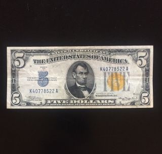 1934 - A North Africa Yellow Seal $5 Silver Certificate Note Circulated