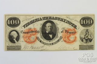 1862 $100 Virginia Treasury Note Cr - 6 Richmond Va Civil War Remainder 20082