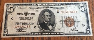 1929 $5 United States National Currency Note - Philadelphia - Detail