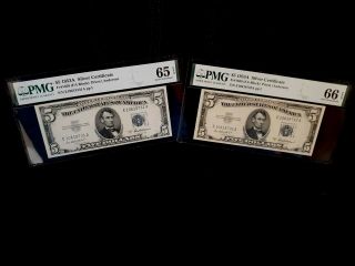 Scarce Consecutive Pair - - Fr.  1656 1953a $5 Silver Certificate,  Pmg 65 - 66epq.  1