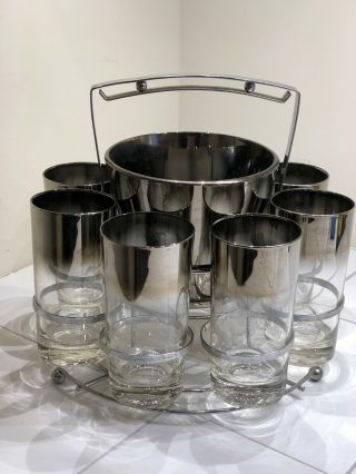Vintage Mercury Glass Ice Bucket With 8 Matching Glasses In Bar Caddy
