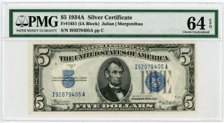 1934 - A Fr.  1651 $5 United States Silver Certificate Note - Pmg Ch.  Cu 64 Epq