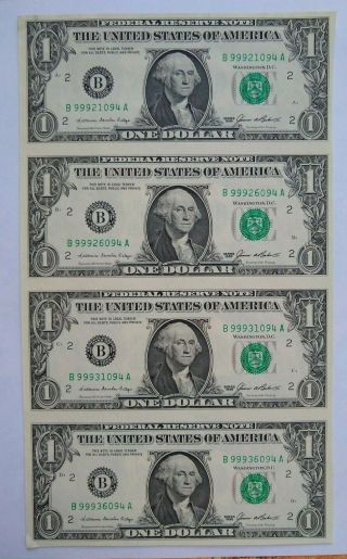 4 Uncut Sheets of 4 US $1 One Dollar Bills Paper Money USA Currency 1985,  2003 2