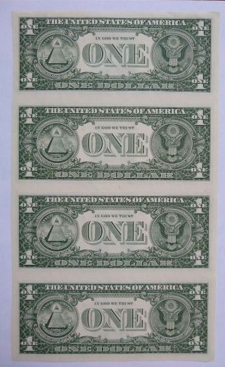 4 Uncut Sheets of 4 US $1 One Dollar Bills Paper Money USA Currency 1985,  2003 3