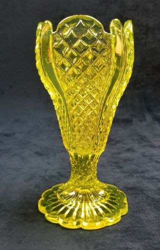 English Victorian Vaseline Glass Diamond Panel Footed Vase Derbyshire Brothers?