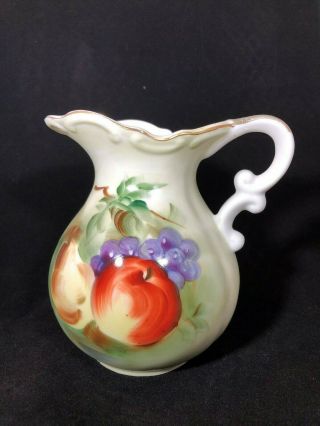Vintage Lefton China Green Heritage Small Pitcher With Apples,  Grapes & Pears