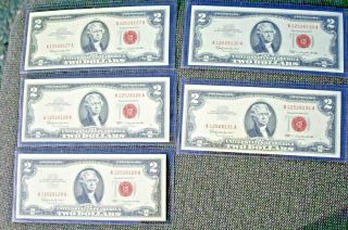1963 $2 Red Seal Two Dollar Bill 5 Consecutive Numbered Crisp Uncirculated Notes