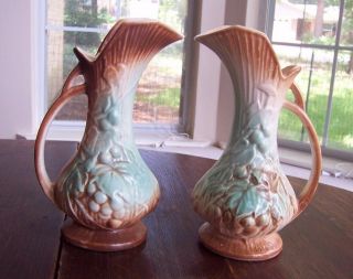 Vintage 1940s Mccoy Ewer Pitcher Vase Grapes And Leaves Aqua And Brown One Left