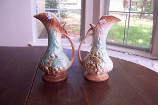 Vintage 1940s McCoy Ewer Pitcher Vase Grapes and Leaves Aqua and Brown One left 2