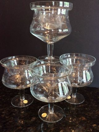 4 Elegant Mid Century Grey Cut Crystal Shrimp Cocktail Glasses & Inserts