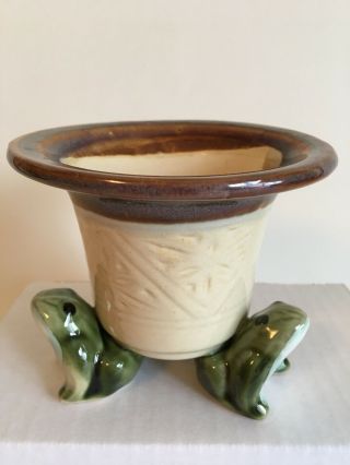 Majolica Style 3 Luck Frogs Small Pot Planter Vase Ceramic
