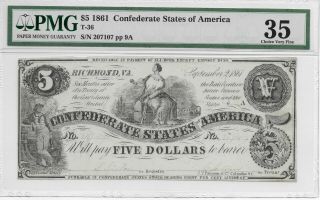 T - 36 1861 $5 Five Dollars Confederate States Of America Choice Very Fine Csa - 2
