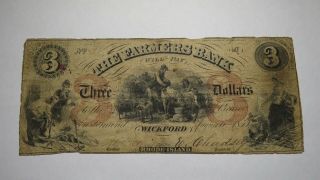 $3 1855 Wickford Rhode Island Ri Obsolete Currency Bank Note Bill Farmers Bank