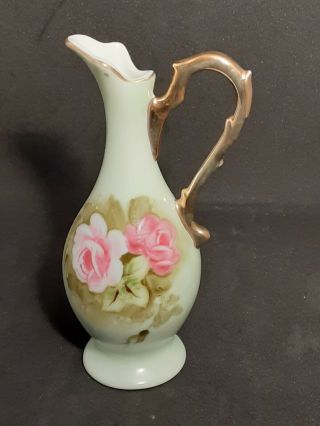 1950s Lefton China Green Heritage Rose Hand Painted Bud Vase Pitcher 748