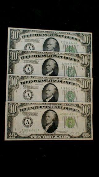 Four 1928 B Ten Dollar Fr 2002 - A Extra Fine Boston Gold Clause Notes $10 Bills