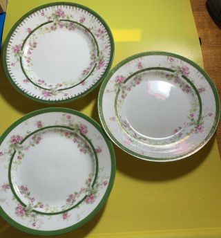 Set Of 3 Fine China Dessert Plates White,  Pink Floral Roses Green/gold Trim 6”