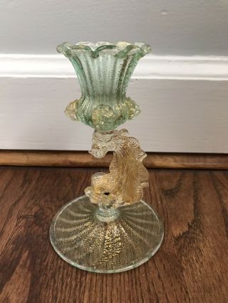 Vintage Murano Venetian Green Glass Candlestick Holder With Gold Dolphin