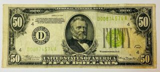 1934 Federal Reserve Note Fifty Dollar Bill.  $50.  00 (d) Circulated