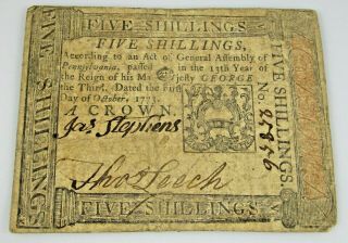 Colonial Currency 5 Shillings 1773 Pennsylvania