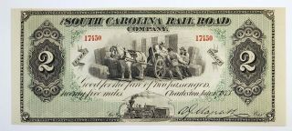 1873 South Carolina Rail Road 2 Fare Ticket Banknote Charleston Sc.