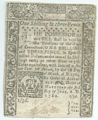 1780 Connecticut Colonial Note 1 Shilling 3 Pence Fr Ct - 227