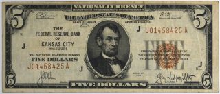 1929 $5 The Federal Reserve Bank Of Kansas City,  Mo $5 - Circulated -