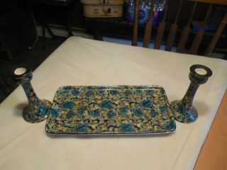 Vtg Grimwades Serving Tray & 2 Candle Stick Holders.  Black W/green/gold Flowers/