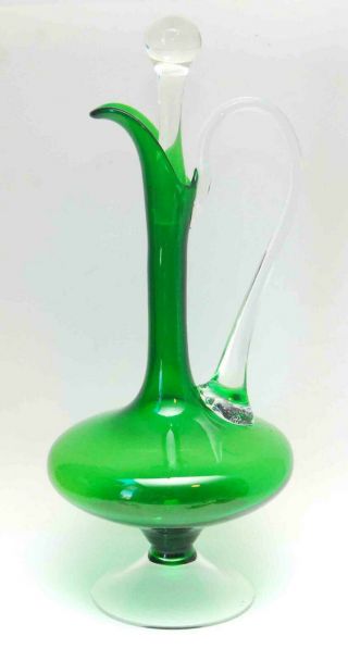 Vintage Mid Century Modern Emerald Green Ewer Decanter Applied Clear Handle