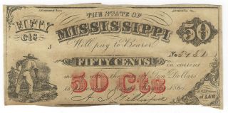 50c Fifty Cents May 1st 1864 State Of Mississippi Obsolete