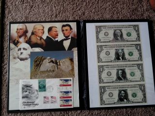 Us Commemorative Gallery Mt.  Rushmore Collectors Set Of Four Uncut Dollar Notes
