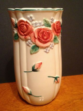 Vintage Pink Roses Ceramic Vase Mary Ann Baker Otagiri Japan 6 - 7/8 " Tall