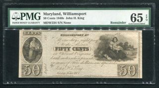 1840’s 50 Cents John H.  King Williamsport,  Md Obsolete Note Pmg Unc - 65epq (h)
