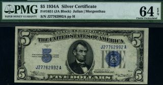 FR.  1651 $5 1934 - A Silver Certificate J - A Block Choice PMG CU64 EPQ PQ 2