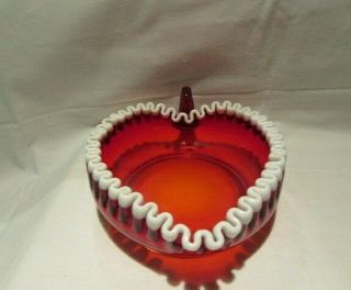 Fenton Ruby Red Heart Shaped Snow Crest Milk Glass White Ruffles Candy Bowl Dish