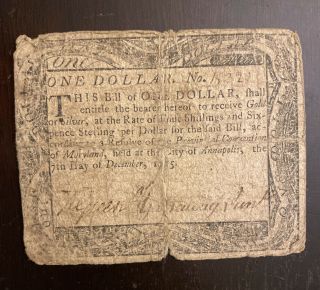1775 Annapolis Maryland One Dollar Colonial Continental Currency $1 Note
