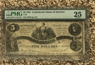 1861 $5 Dollar Bill Confederate States Currency Civil War Note Money T - 36 Pmg 25